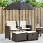 vidaXL Tuinbank 2-zits met parasol en voetenbanken poly, Tuin en Terras, Verzenden, Nieuw, Rotan