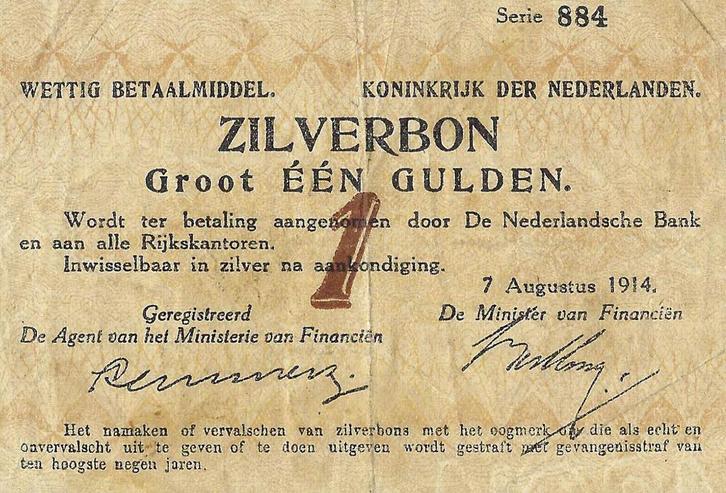 Zilverbon 1 gulden 1914 Zeer Fraai, Postzegels en Munten, Bankbiljetten | Nederland, Verzenden