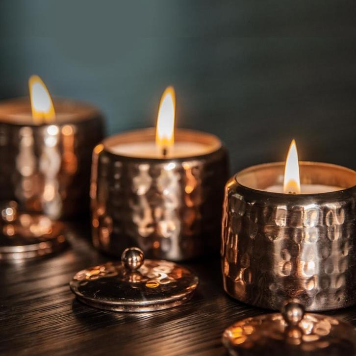 Veda 3-geurkaarsenset koper met deksel Vata-Pitta-Kapha -, Huis en Inrichting, Woonaccessoires | Overige, Ophalen of Verzenden