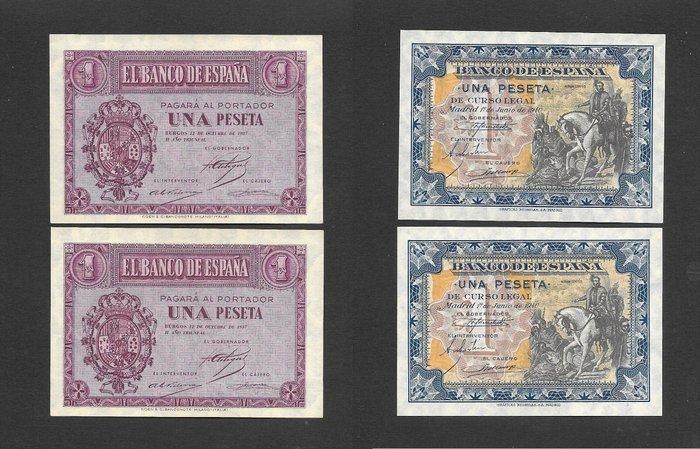Spanje. - 4 x 1 peseta 1937 and 1940 - Pick 104 and 121 -, Postzegels en Munten, Bankbiljetten | Europa | Niet-Eurobiljetten