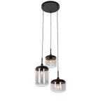 Hanglamp zwart met goud en smoke glas 3-lichts rond - Kyan, Nieuw, Glas, Design, 75 cm of meer