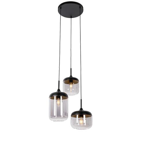 Hanglamp zwart met goud en smoke glas 3-lichts rond - Kyan, Huis en Inrichting, Lampen | Hanglampen, Nieuw, Glas, 75 cm of meer