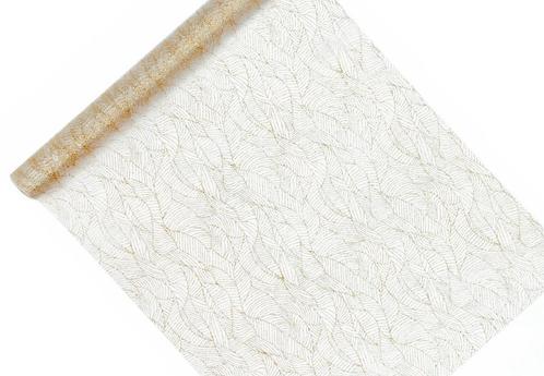 Witte Organza Stof Gouden Bladeren 48cm 9m, Hobby en Vrije tijd, Feestartikelen, Nieuw, Verzenden