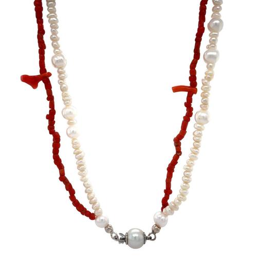 Vintage bloedkoraal en parel collier met zilveren sluiting, Sieraden, Tassen en Uiterlijk, Kettingen, Nieuw, Ophalen of Verzenden