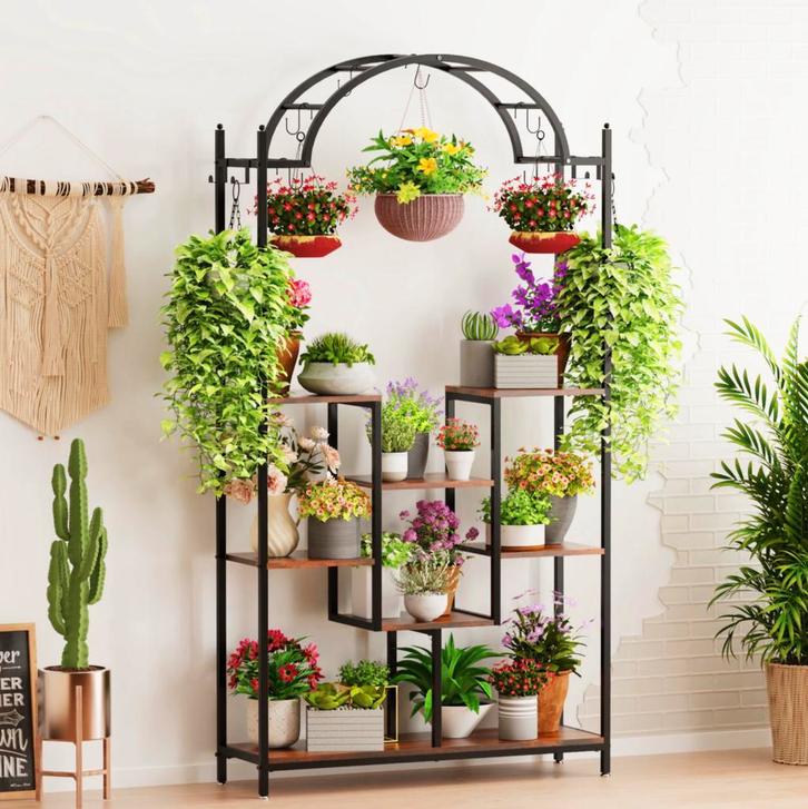 5-Laags Hoge Plantenstandaard met Ophanghaken Metaal en Hout, Tuin en Terras, Bloembakken en Plantenbakken, Nieuw, Hout, Binnen