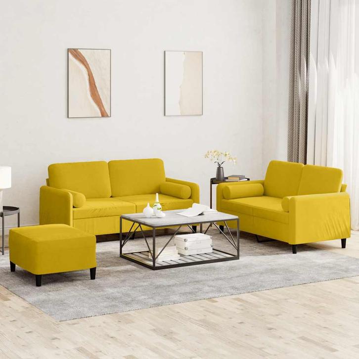 vidaXL 3-delige Loungeset met kussens fluweel geel, Huis en Inrichting, Banken | Bankstellen, Nieuw, Stof, Vierpersoons of meer