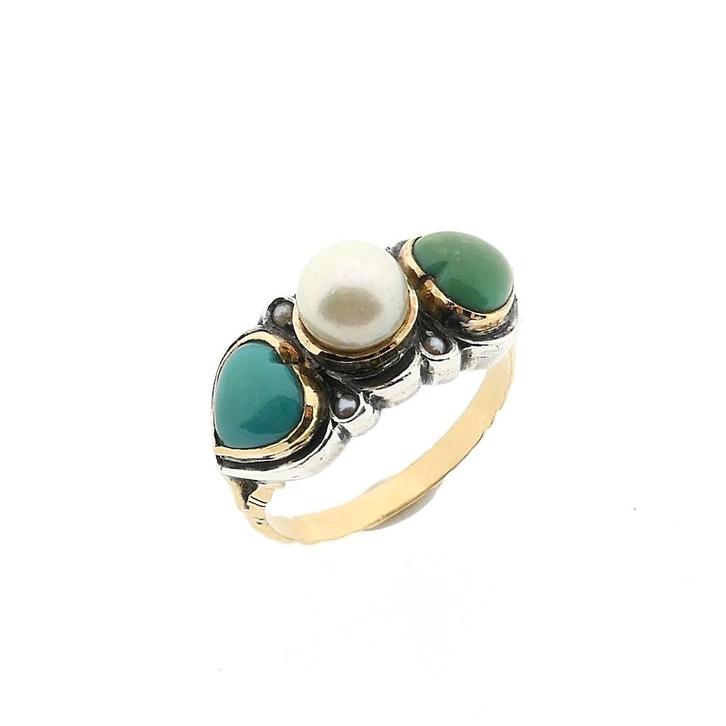 Gouden/zilveren ring met aventurijn, parel en turquoise, Sieraden, Tassen en Uiterlijk, Ringen, Dame, Met edelsteen, Overige kleuren