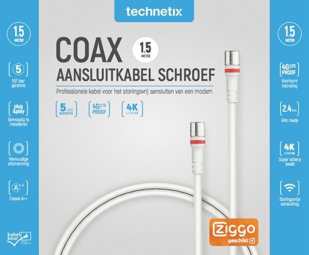 Technetix RLA++30 modem F-connector coaxkabel 1,5m - Ziggo, Audio, Tv en Foto, Audiokabels en Televisiekabels, Tv-kabel, Nieuw