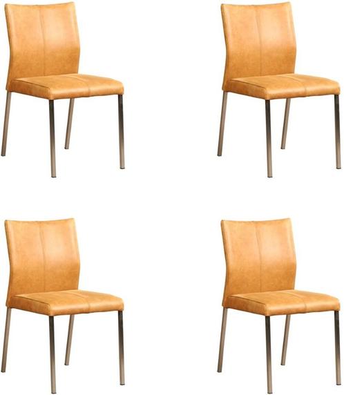 Set van 4 Cognac leren moderne eetkamerstoelen - poot vierka, Huis en Inrichting, Stoelen, Vier, Overige kleuren, Nieuw, Leer