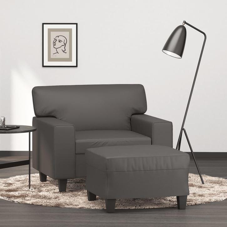 vidaXL Fauteuil met voetenbank 60 cm kunstleer grijs, Huis en Inrichting, Banken | Bankstellen, Nieuw, Minder dan 150 cm, Leer