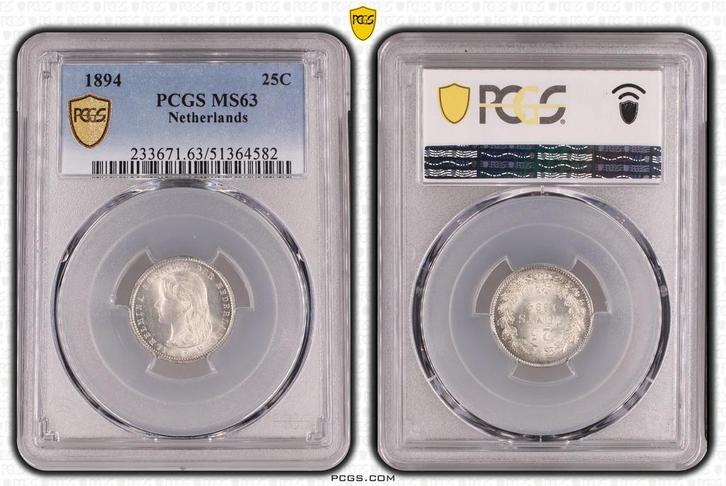 Koningin Wilhelmina 25 cent 1894 MS63 PCGS (pop 6/5), Postzegels en Munten, Munten | Nederland, Losse munt, 25 cent, Koningin Wilhelmina