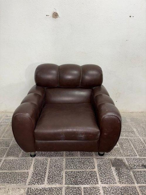 Fauteuil - Leder, Metaal - Vintage bruine fauteuil, Antiek en Kunst, Kunst | Designobjecten