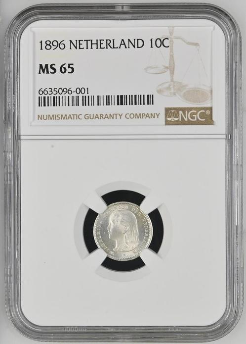 Koningin Wilhelmina 10 cent 1896 NGC MS65 gecertificeerd, Postzegels en Munten, Munten | Nederland, Losse munt, Zilver, Verzenden