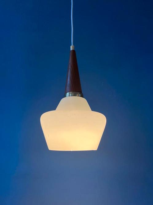 Small Danish Teak Wood Opaline Glass Pendant Light, Huis en Inrichting, Lampen | Hanglampen, Nieuw, Ophalen of Verzenden