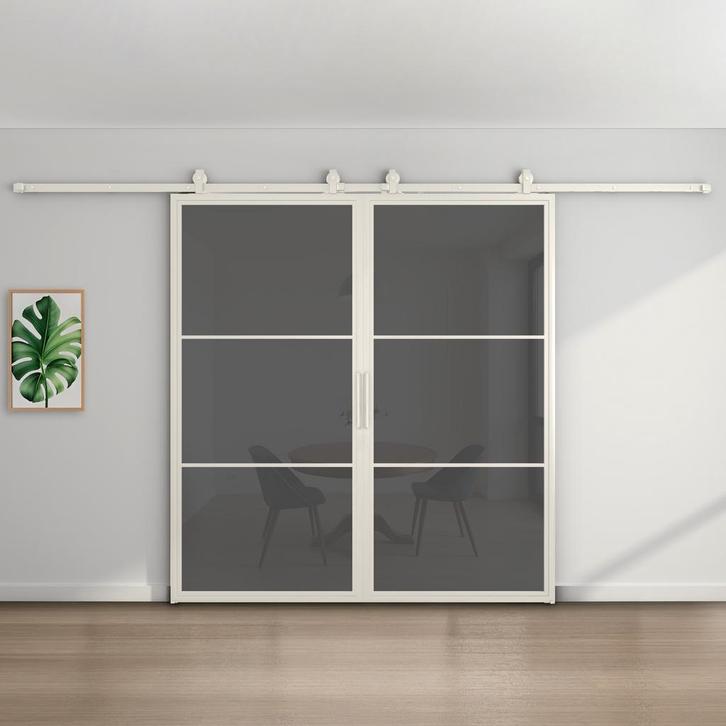 Dubbele stalen schuifdeur - 3 Vlaks - Wit - Rook glas, Doe-het-zelf en Verbouw, Kozijnen en Schuifpuien, Inclusief glas, Nieuw