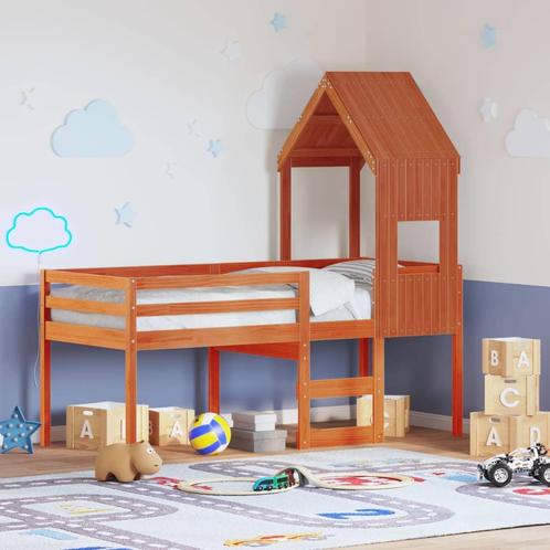 vidaXL Hoogslaper met dak massief grenenhout wasbruin 90x190, Huis en Inrichting, Slaapkamer | Bedden, 90 cm, 190 cm of minder
