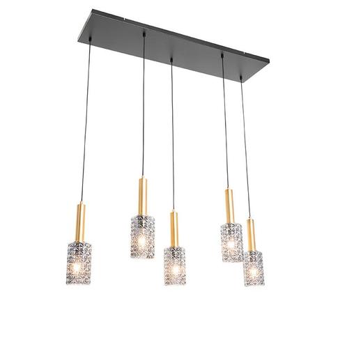 Hanglamp goud met smoke glas langwerpig 5-lichts - Elva, Huis en Inrichting, Lampen | Hanglampen, Nieuw, Glas, 75 cm of meer