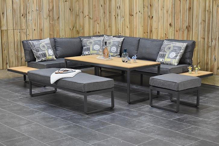 Dallas Aluminium Loungeset Hoekbank met Hoge Tafel met Bankj, Tuin en Terras, Tuinsets en Loungesets, Bank, Eettafel, Hocker, 7 zitplaatsen