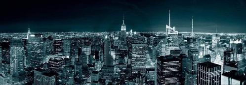 Kunstdruk Shutterstock - Manhatten Skyline at Night 95x33cm, Huis en Inrichting, Woonaccessoires | Schilderijen, Tekeningen en Foto's