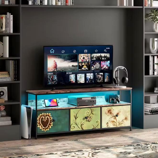 TV-Meubel met LED – 3 Stoffen Lades en Open Planken, 108 cm, Huis en Inrichting, Kasten | Overige, Nieuw, Verzenden