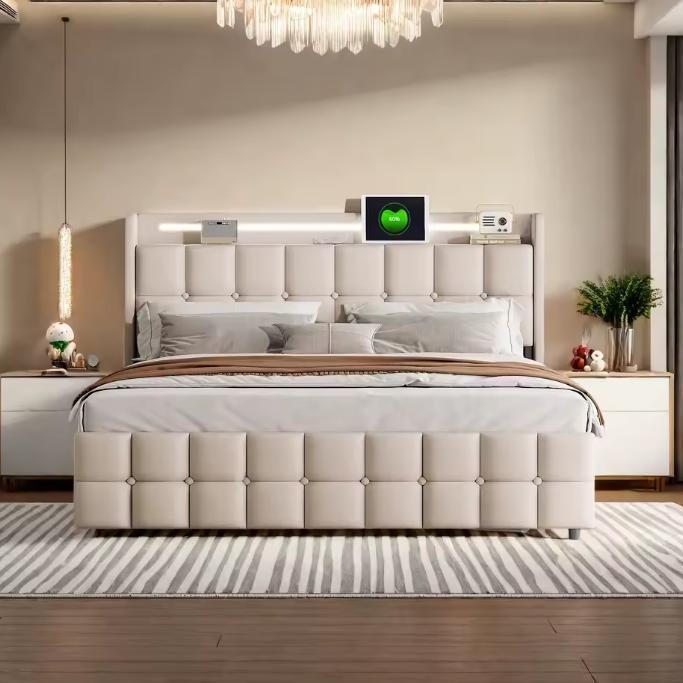 Gestoffeerd Tweepersoonsbed met LED, Lades en USB Poorten, Huis en Inrichting, Slaapkamer | Bedden, Nieuw, Verzenden