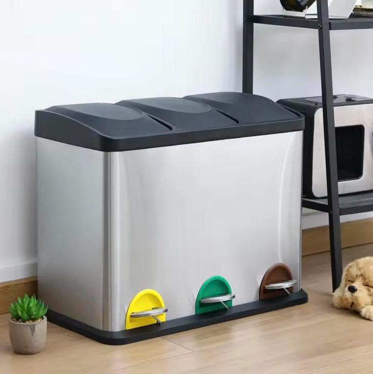 3-vaks Prullenbak – 24L/45L Roestvrij Staal – Pedaalemmer, Huis en Inrichting, Woonaccessoires | Prullenbakken, Nieuw, Met pedaal