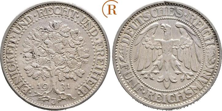5 Reichsmark Eichbaum 1931 J Weimarer Republik:, Postzegels en Munten, Munten | Europa | Niet-Euromunten, Verzenden
