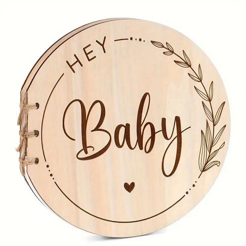 Houten Baby Shower gastenboek rond Hey Baby, Hobby en Vrije tijd, Feestartikelen, Geboorte of Huwelijk, Nieuw, Feestartikel, Verzenden