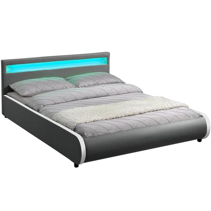 Gestoffeerd bed Sevilla - 140 x 200 cm - Donkergrijs - LED V, Huis en Inrichting, Slaapkamer | Bedden, Nieuw, Verzenden