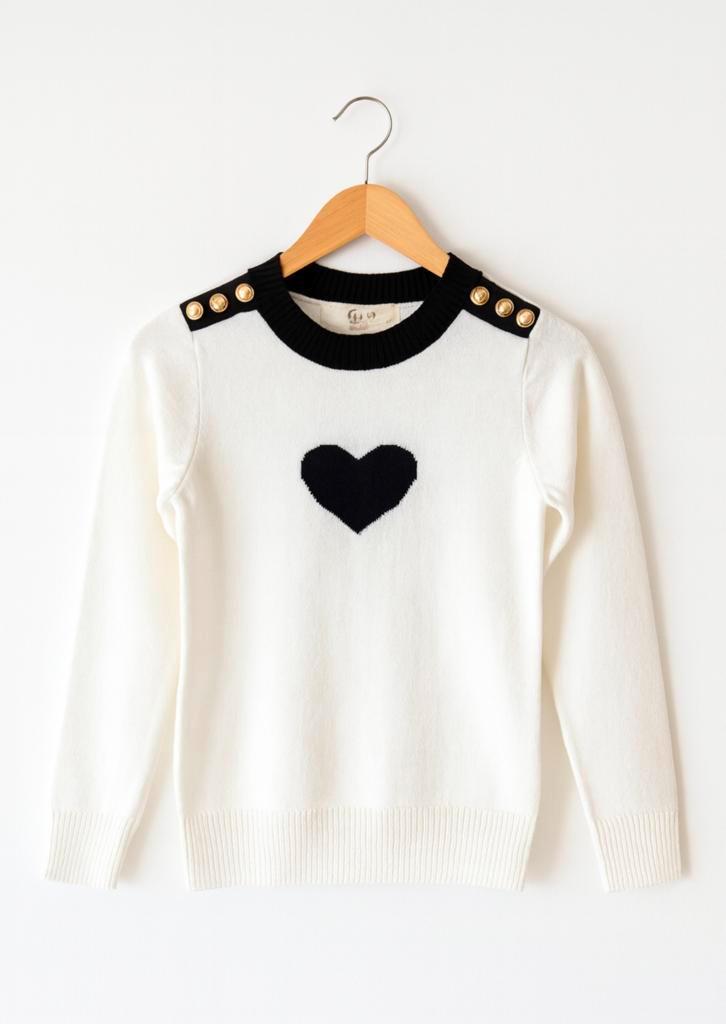 Meisjestrui – Wit met zwart hart en gouden knopen.|NIEUW, Kinderen en Baby's, Kinderkleding | Maat 164, Meisje, Nieuw, Trui of Vest