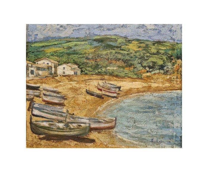 F. Ledesma (XX) - Serene shore with stranded boats, Antiek en Kunst, Kunst | Schilderijen | Klassiek