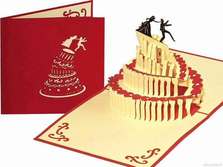 Grappige trouwkaart met bruidstaart pop-up wenskaart, Diversen, Wenskaarten, Verzenden