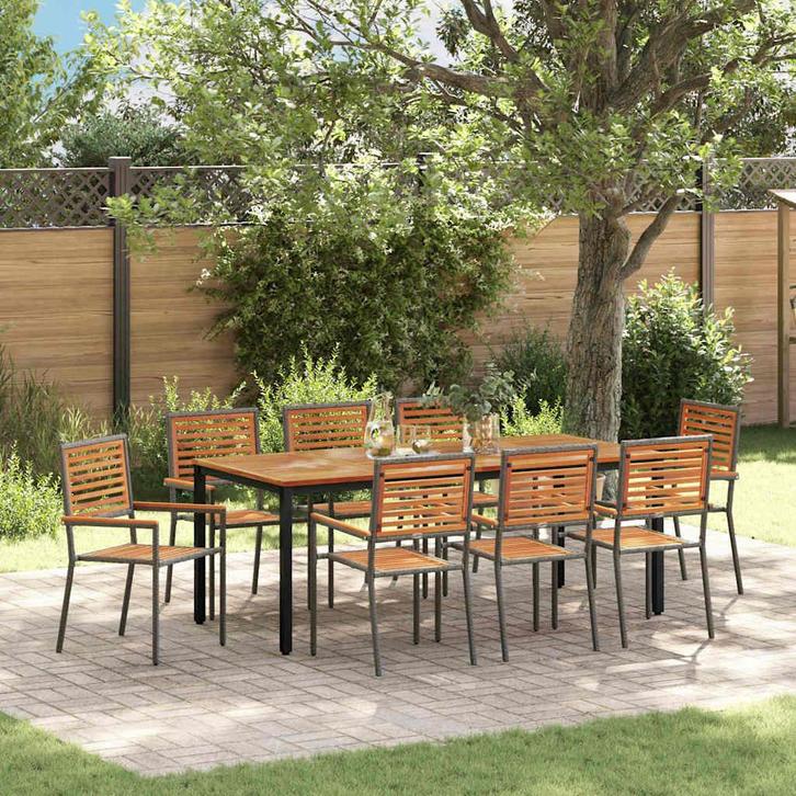 vidaXL Tuin Eetset 9 pcs Grijs en Natuurlijk Teak poly, Tuin en Terras, Tuinstoelen, Nieuw, Rotan, Verzenden