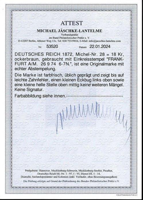 Duitse Rijk - Nr. 28 gestempeld K1 Frankfurt Foto Attest, Postzegels en Munten, Postzegels | Europa | Duitsland