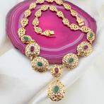 18 Krt. Gouden Oosterse collier met robijn en smaragd | 4..., Sieraden, Tassen en Uiterlijk, Kettingen, Gebruikt, Overige kleuren