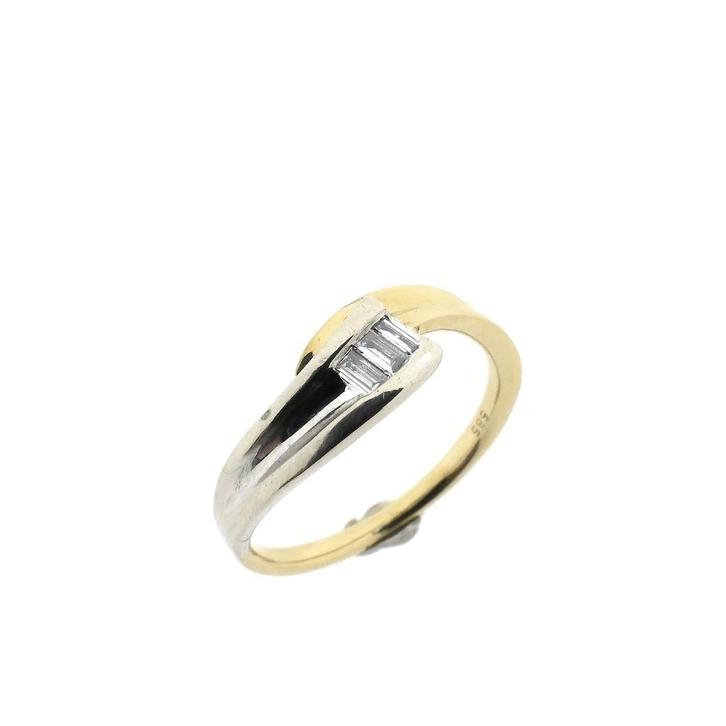 Bicolor gouden ring met baguette diamant; 0,21 ct., Sieraden, Tassen en Uiterlijk, Ringen, Dame, Met edelsteen, Overige kleuren