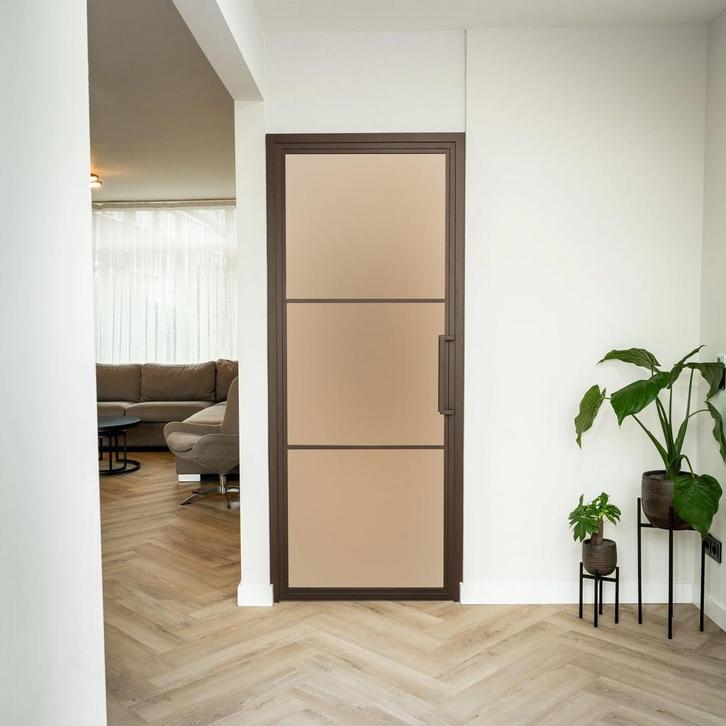 Stalen Binnendeur - Brons - 3 Vlaks - Mat glas, Doe-het-zelf en Verbouw, Deuren en Horren, Nieuw, Metaal, Binnendeur, 200 tot 215 cm