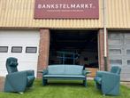 Bankstel Jori design groen leren bank 3 zits + 2 fauteuils, Design, Rechte bank, Vierpersoons of meer, Leer