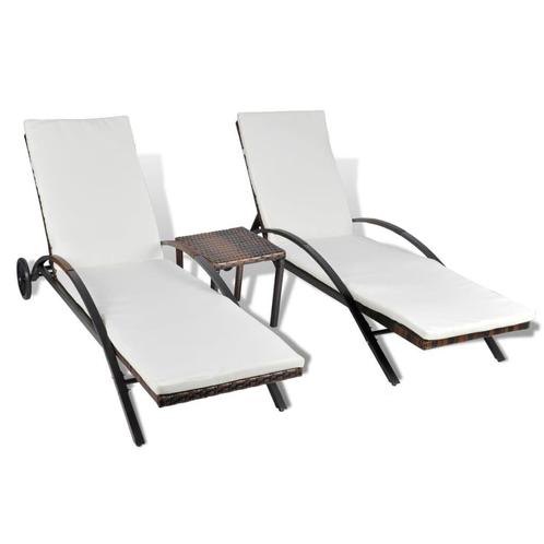 Bruine Rattan Ligbedset met Tafel - Tweedekansje - OP=OP, Tuin en Terras, Ligbedden, Nieuw, Rotan, Ophalen of Verzenden