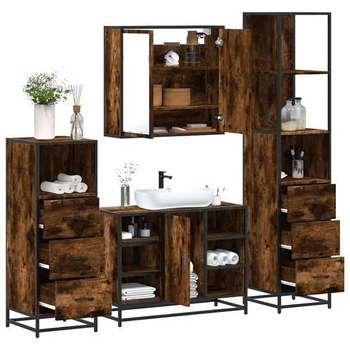 vidaXL 4-delige Badkamermeubelset bewerkt hout gerookt, Huis en Inrichting, Badkamer | Badkamermeubels, Nieuw, Verzenden