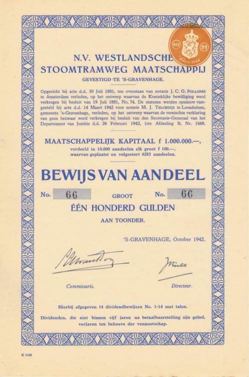 Westlandsche Stoomtramweg Maatschappij, aandeel uit 1942, Postzegels en Munten, Aandelen en Waardepapieren, Aandeel, 1920 tot 1950