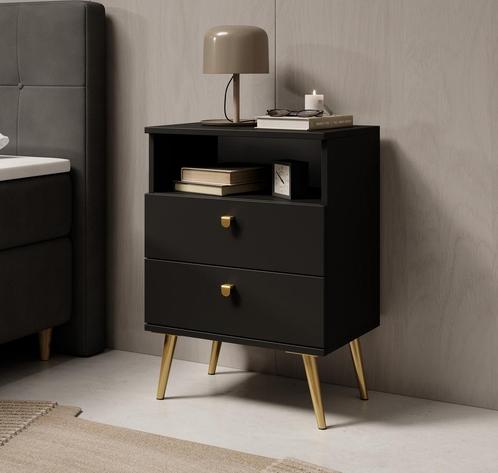 Meubella Nachtkastje zwart 50 cm met lade goud, Huis en Inrichting, Slaapkamer | Nachtkastjes, Nieuw, Verzenden