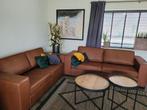 leren met Franse stiknaad en houten poten - cognac kleur le, Ophalen of Verzenden, Rechte bank, Modern, 200 tot 250 cm