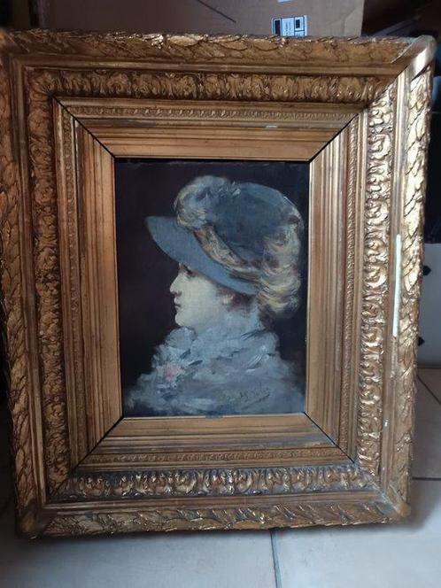 Julpa (XX) - Portrait de femme au chapeau bleu, Antiek en Kunst, Kunst | Schilderijen | Klassiek