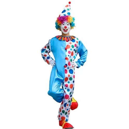 Clown Kostuum Blauw/Wit – Met Stippen & Hoed | - Maat L, Kleding | Heren, Carnavalskleding en Feestkleding, Nieuw, Maat 52/54 (L)