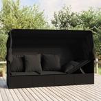 vidaXL Loungebed met luifel en kussens poly rattan zwart, Tuin en Terras, Verzenden, Nieuw