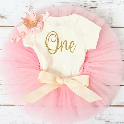 3-delig luxe 1e verjaardag setje One roze, goud en ivoor, Kinderen en Baby's, Babykleding | Maat 80, Jurkje of Rokje, Meisje, Nieuw