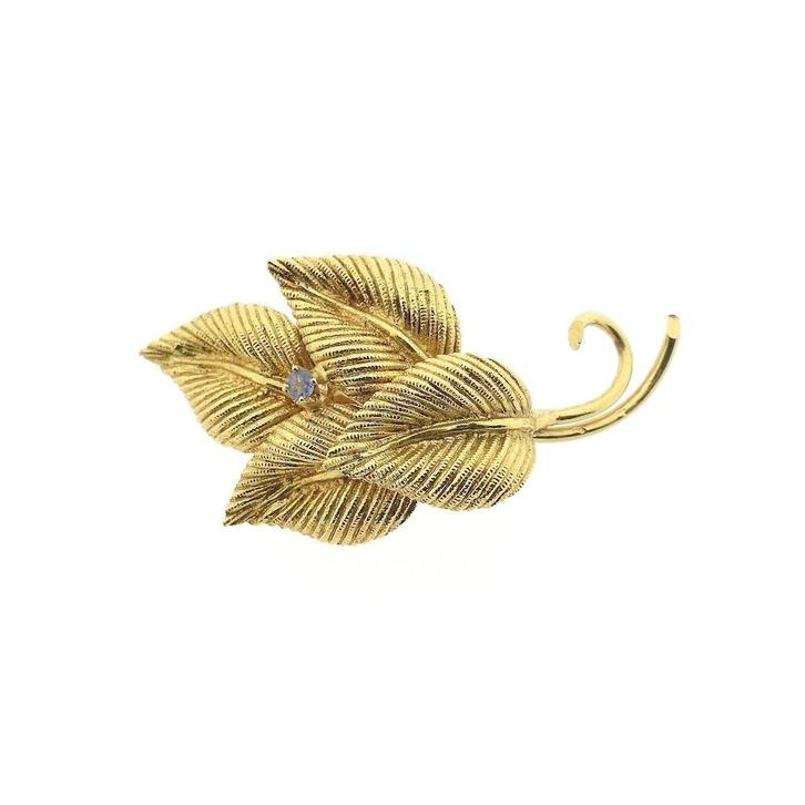 Gouden broche van bladeren met saffier, Sieraden, Tassen en Uiterlijk, Broches, Overige kleuren, Gebruikt, Met edelsteen, Goud