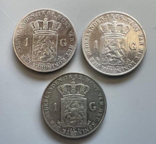 Nederland. 1 Gulden 1861 - 1864 - 1892, Lot van 3 stuks, Postzegels en Munten, Munten | Nederland