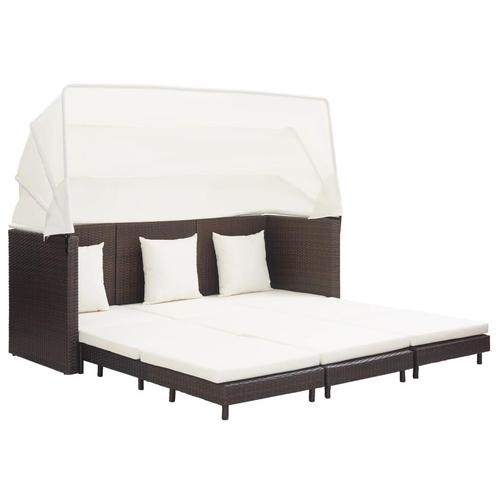 vidaXL Slaapbank met luifel 3-zits verlengbaar poly rattan, Tuin en Terras, Tuinsets en Loungesets, Nieuw, Rotan, Verzenden